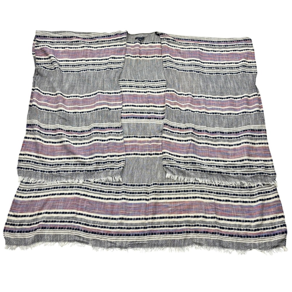 American Eagle Kimono Womens OS Gray Striped Fringe Open Front Ruana Wrap Shawl